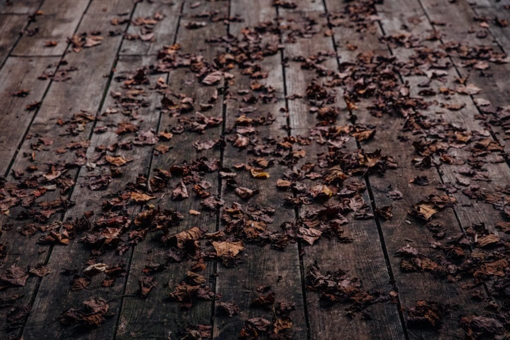 Wooden decking covered in leaves